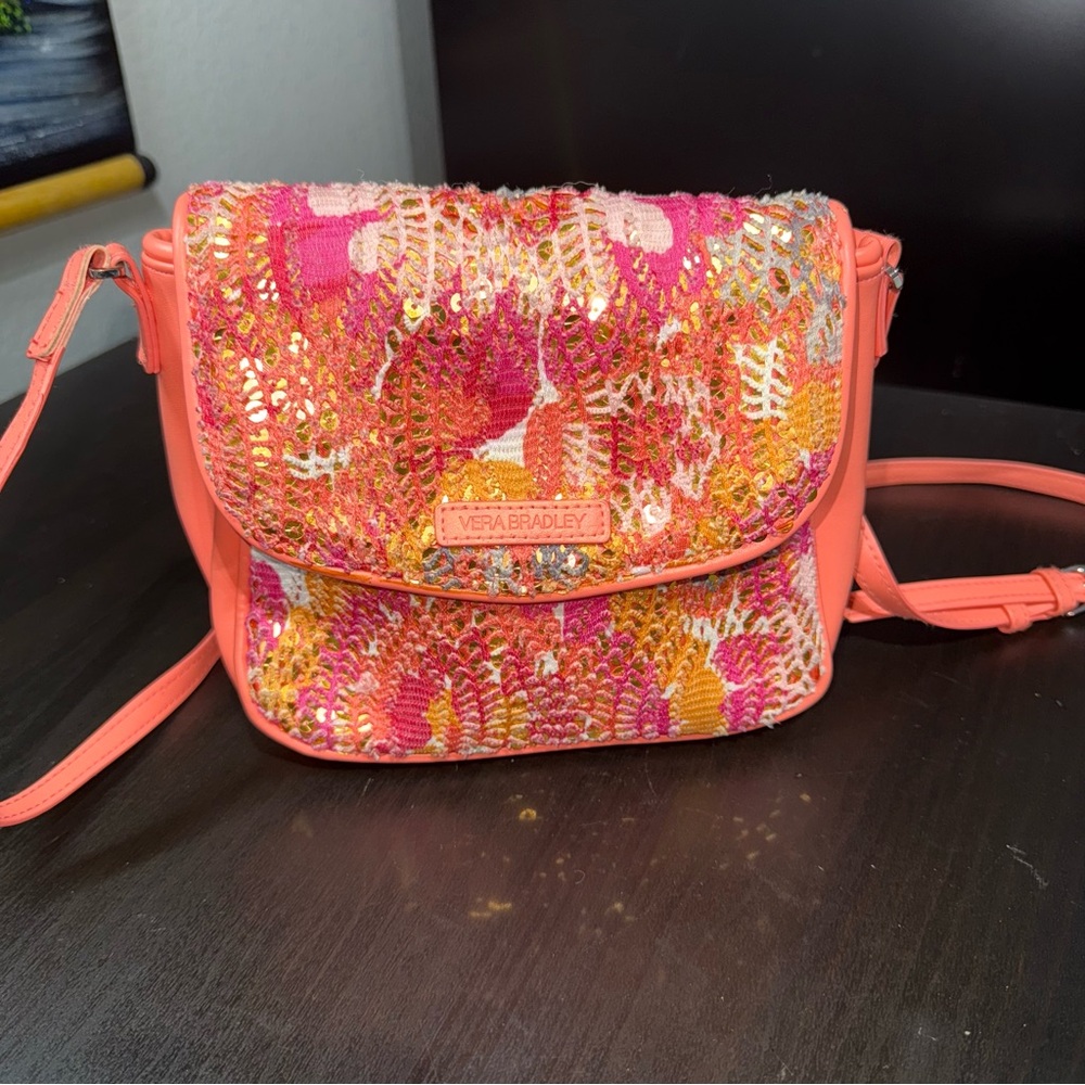 Vera Bradley Pixie Blooms Summer Sparkle Crossbody Pink Melon EUC